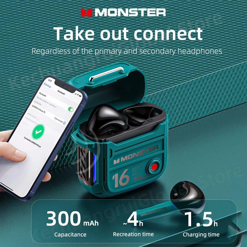Monster XKT16 Bluetooth 5.3 Wireless Earphones TWS Noise Reduction Sports Earbuds