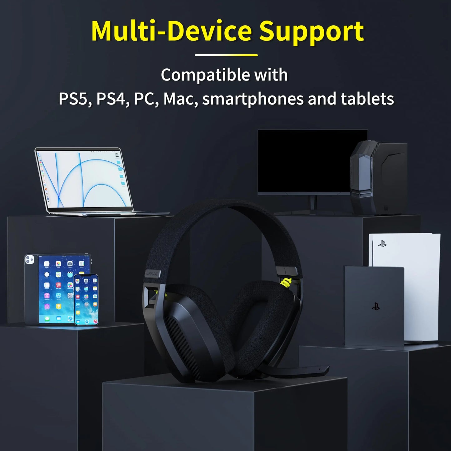 BINNUNE BW06 Wireless Gaming Headset – 2.4GHz & Bluetooth with Flip Mic for PS5, PS4, PC, Mac