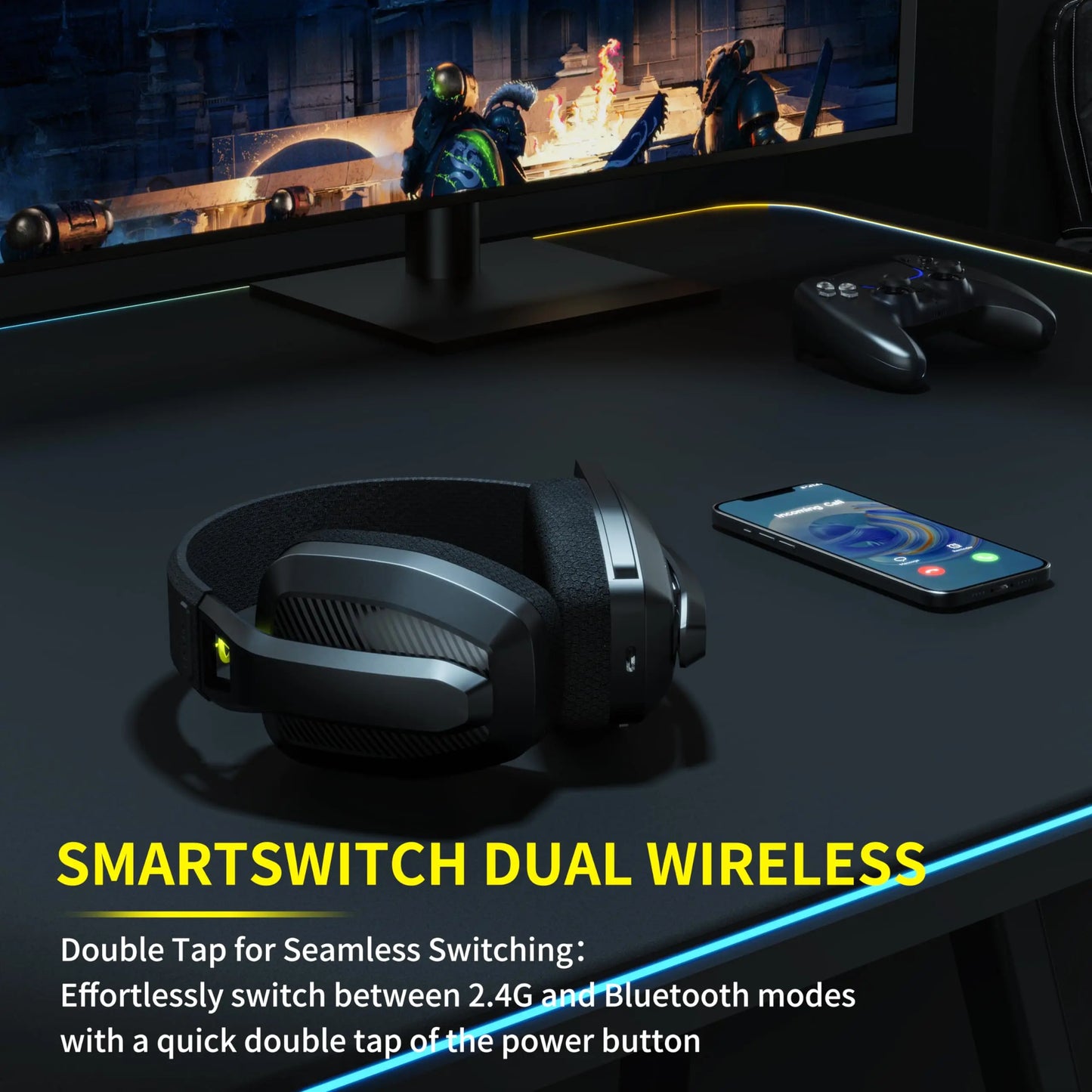 BINNUNE BW06 Wireless Gaming Headset – 2.4GHz & Bluetooth with Flip Mic for PS5, PS4, PC, Mac