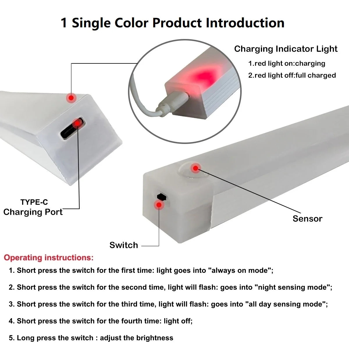 USB‑C Rechargeable Motion Sensor LED Bar Light – Induction Night Light for Kitchen, Wardrobe, Closet, Bedside